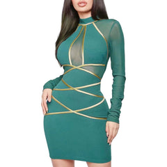 Sexy Clubwear Women Bandage Bodycon Mesh Stitching See-through Long Sleeve Dress Vestidos