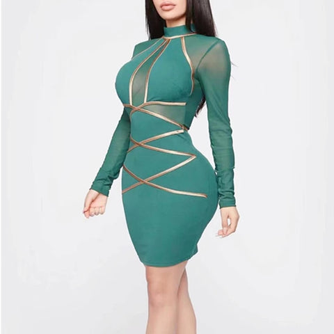 Sexy Clubwear Women Bandage Bodycon Mesh Stitching See-through Long Sleeve Dress Vestidos